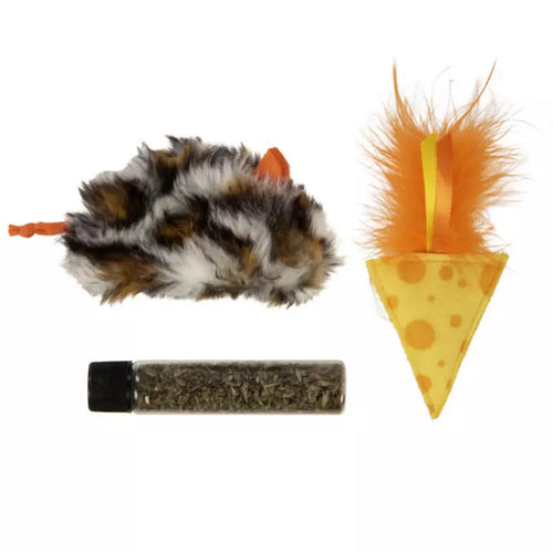 Petlinks® Instincts Mouse 'N Mate™ Refillable Mouse Cat Toy and Feathered Cheese Cat Toy with Bonus Tube of HappyNip™ Silvervine & Catnip