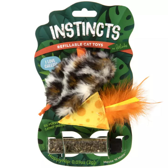 Petlinks® Instincts Mouse 'N Mate™ Refillable Mouse Cat Toy and Feathered Cheese Cat Toy with Bonus Tube of HappyNip™ Silvervine & Catnip