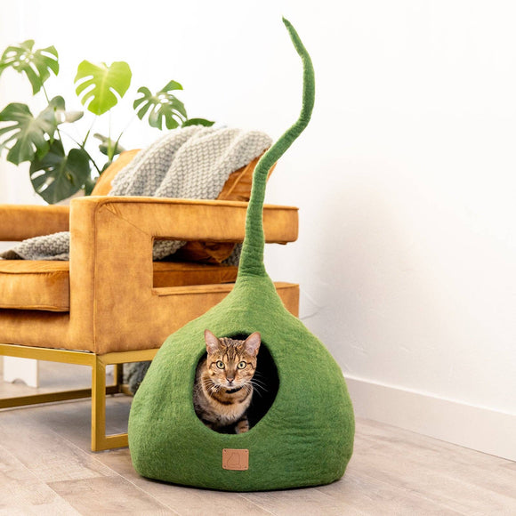 Deluxe Handcrafted Felt Cat Cave With Tail - Forest Green: Large