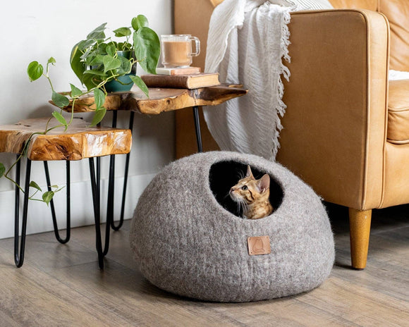 Premium Felted Wool Cat Cave Bed - Earth Brown: Regular