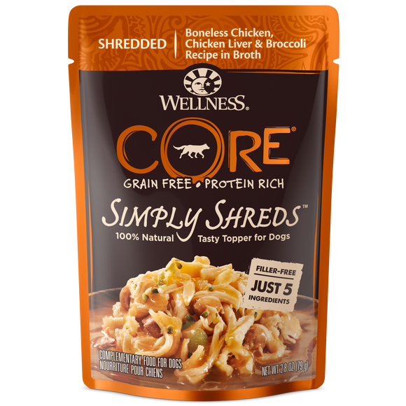 Wellness CORE Simply Shreds for Dogs Shredded Boneless Chicken, Chicken Liver & Broccoli Recipe in Broth (2.8 Oz)