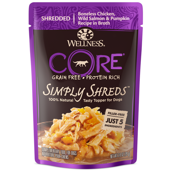 Wellness CORE Simply Shreds for Dogs Shredded Boneless Chicken, Wild Salmon & Pumpkin Recipe in Broth (2.8 Oz)